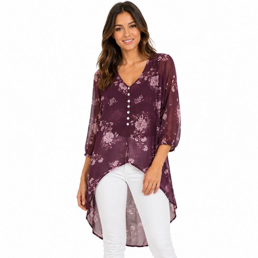 Maurices Small Floral Hi Low Sheer Tunic Blouse Purple